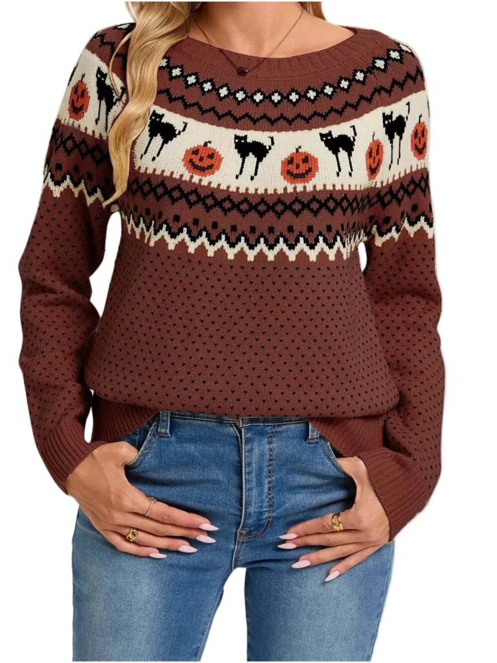Black Cat Jack-O'-Lantern Pumpkin Fair Isle Halloween Top Crew Neck Knit Sweater - Picture 5 of 6